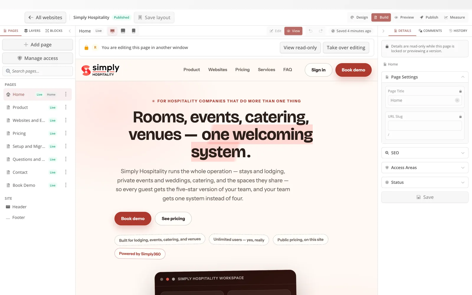 This Simply Hospitality website open for editing in the Website Studio.